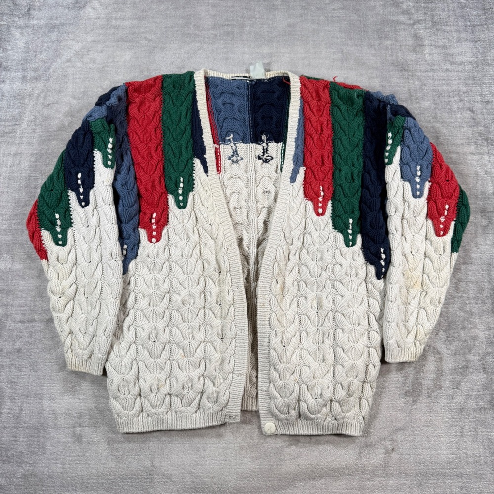 Vtg La Mona Sweater Womens XL Beige Colorblock Hand Knit Cardigan Chunky Cable